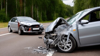 Fototapeta premium Collision between two vehicles on a summer day with damaged car off to the side against green trees and a black backdrop