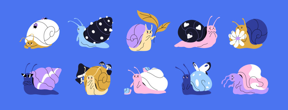 Set of kawaii snails with different emotions. Cute slugs with various shapes of shell houses. Happy and sad funny characters with leaves, flowers and mushrooms. Flat isolated vector illustrations