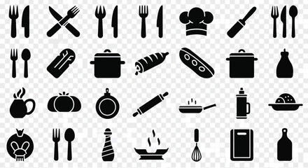 Collection of black silhouette icons representing cooking and dining elements