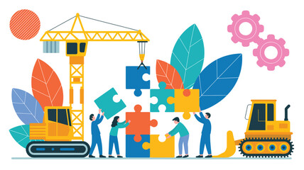 construction teamwork concept with workers assembling puzzle pieces using crane and bulldozer collaboration engineering project flat vector illustration © Mushtaq