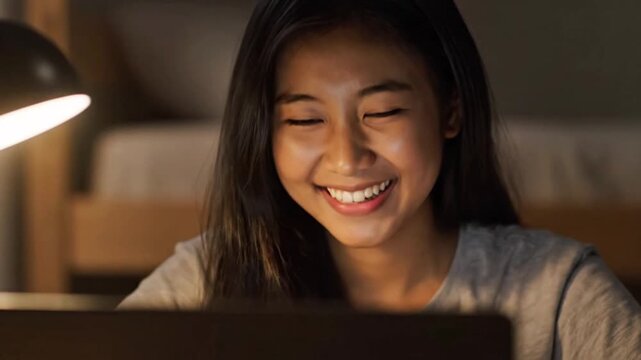Smiling young Asian woman actively engaging with her laptop screen, facial expressions shifting with joy and concentration under the warm illumination of a desk lamp, motion video.