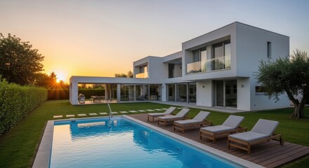 A modern villa sits on a lush green lawn next to a sparkling blue swimming pool. The house features large glass windows and a sleek, minimalist design.