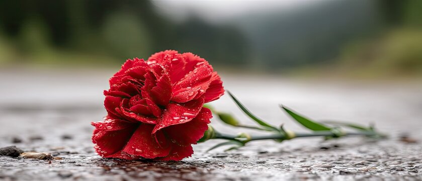 Single red carnation lies on asphalt near an empty grave after rain, capturing a moment of loss and remembrance in natural light