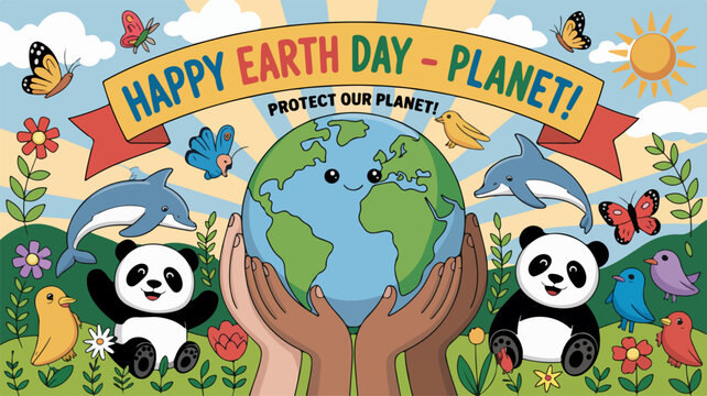 Vibrant cartoon style earth day poster with pandas holding globe surrounded by wildlife and greenery