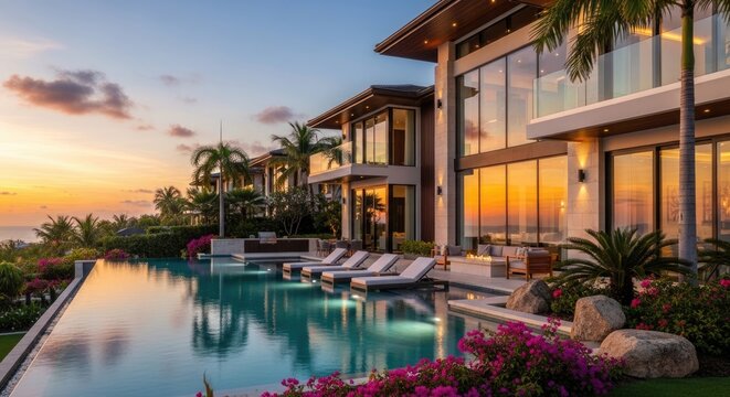 A luxurious modern villa sits on a cliff overlooking the ocean at sunset. The villa features expansive floor-to-ceiling windows, a large infinity pool, and lush tropical landscaping.