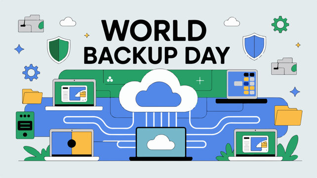 World backup day flat design vector illustration with cloud storage and digital devices in blue and green hues