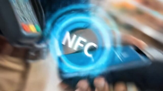 Customer initiating a secure, quick contactless payment with a mobile phone leveraging NFC technology at a modern point of sale terminal, illustrating efficient transaction motion video clip.