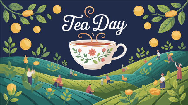 Vibrant tea day celebration banner with floral teacup and people enjoying tea in rolling hills