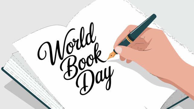 Hand writing world book day on notebook page with pencil elegant cursive script soft lighting minimalist background