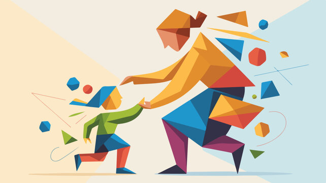 Vibrant abstract illustration of a mother and child playing together surrounded by colorful geometric shapes and floating objects