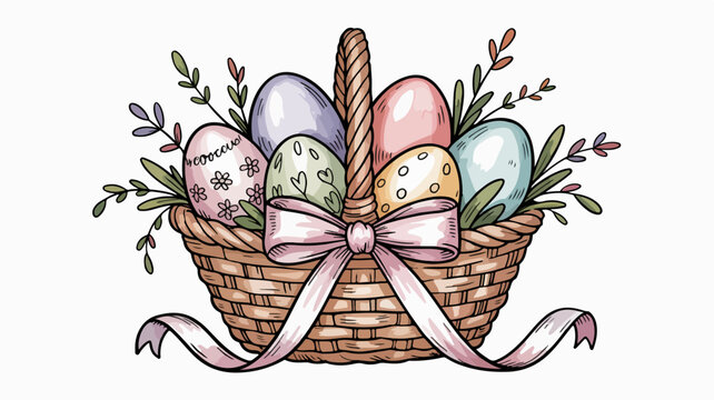 Hand drawn wicker basket with easter eggs flowers and ribbon isolated on white background perfect for spring decoration
