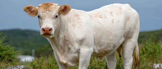 White miniature cow grazes in green pasture in South Australia under clear blue sky with lush grassland nearby