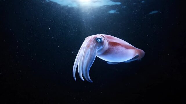 Brilliant cephalopod gracefully swimming through deep blue ocean water illuminated by distant natural sunlight video footage