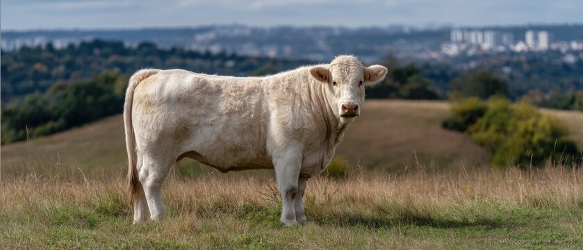 White bull in grassy pasture under blue sky on sunny day in Australia captured from a distance with clear backdrop and gentle breeze rustling trees