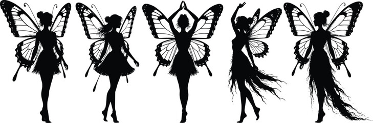 Set of five black fairy silhouettes with butterfly wings and elegant poses isolated on white background for fantasy magic design © Jannatun