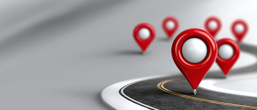 3d rendering of red map pins along a curved road with a background for business travel and global networking design concepts using a canon eos r6 camera