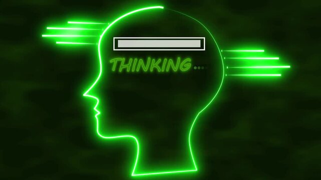 Green Neon Human Head Silhouette with Loading Bar and " Thinking" Text glowing animated, Bright green neon outline of a human brain on Thinking text and and loading bar indicator animation.