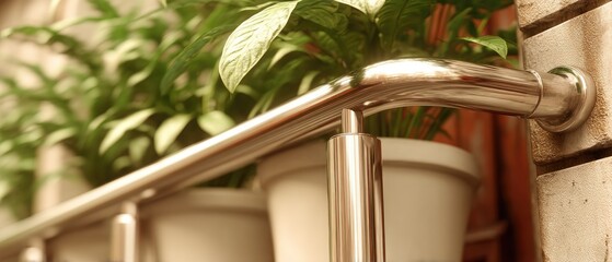 Fototapeta premium Modern balcony view with white metal railing and plants on terrace at sunset showcasing apartment building exterior in 3D rendering