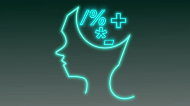 Cyan Neon Outline of a Human Head with Mathematical Symbols Inside silhouette animated, Bright cyan neon outline of a human brain on a black background head mind animation.