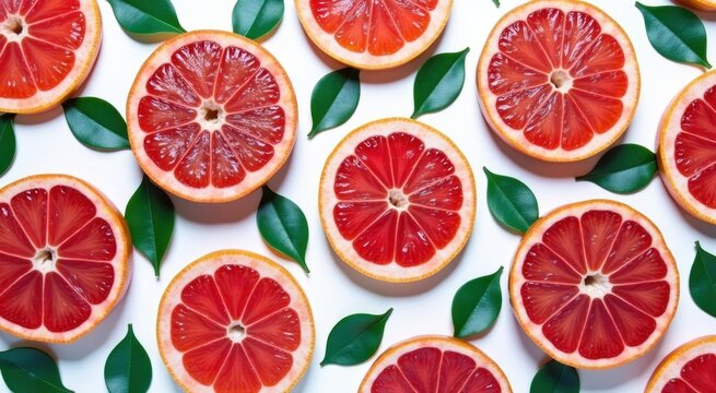 Group of sliced grapefruits with leaves food background