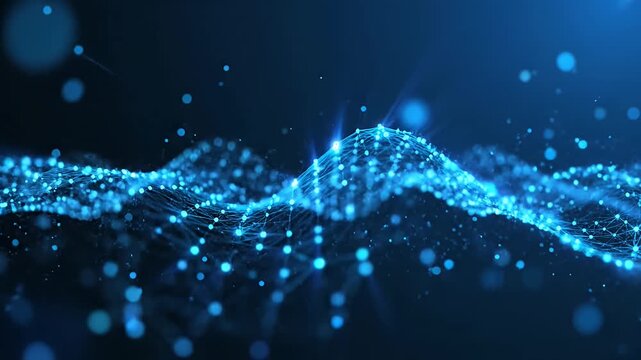 Abstract blue digital wave pattern with connecting dots and light