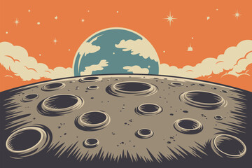 Moon Surface View with Planet Earth in Retro Comic Style for Space Exploration Theme, Vintage Illustration Design for Poster, Cover, Wallpaper and Digital Artwork. © ayat 02