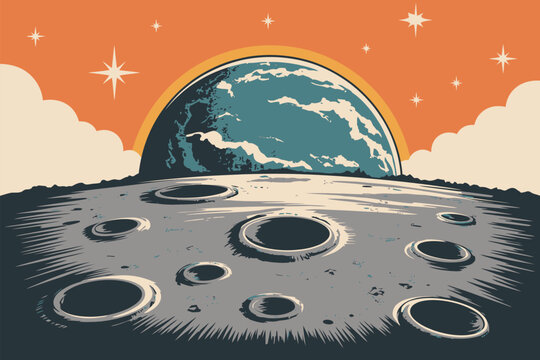 Moon Surface View with Planet Earth in Retro Comic Style for Space Exploration Theme, Vintage Illustration Design for Poster, Cover, Wallpaper and Digital Artwork.