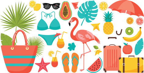 Summer vacation icons set with flamingo tropical fruits beach bag and travel elements vector illustration