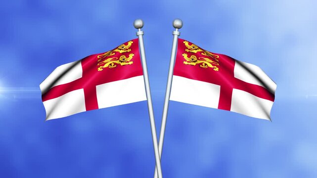 Sark Crossed Flags Waving in Blue Sky Loop