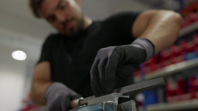 Close-up of university engineering student wearing gloves using a hand file on a metal part clamped in a vise. Practical workshop training for manufacturing skills and precision work