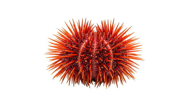 A spiky red sea urchin with numerous sharp spines is centered on a black background.