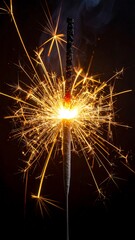 Fototapeta premium Close-up of a lit sparkler emitting bright, golden sparks against black