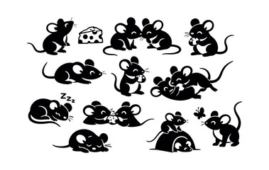 Fototapeta premium Series of cartoon mouse silhouettes capturing a range of playful and endearing activities, showcasing unique emotions and behaviors