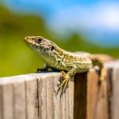 Obraz premium Close-up of a lizard perched on a wooden fence, with green background