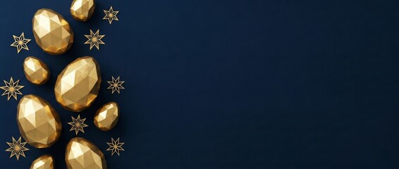 Obraz premium Golden Easter eggs and star ornaments on dark blue background, luxury celebration, festive holiday concept, elegant design with copy space