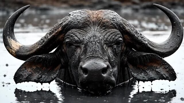 Powerful African Buffalo Submerged in Muddy Water with Massive Horns, Wild Animal Portrait and Safari Wildlife Concept, African Nature and Big Five Wildlife Photography Background