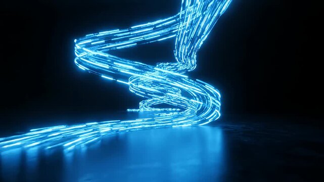 Abstract blue glowing data stream flowing on dark digital path
