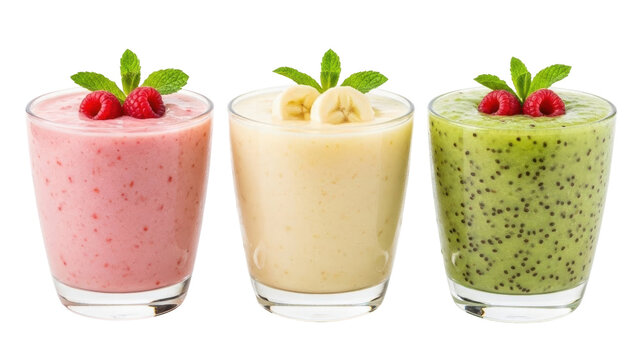 Isolated smoothies arranged in glasses, strawberry, banana and kiwi smoothies, healthy drink concept