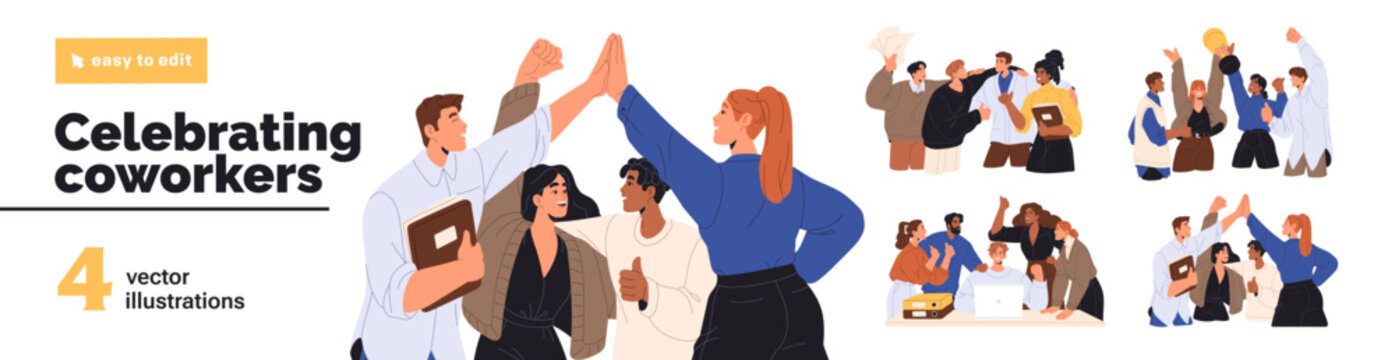 Teams celebrate business success set. Colleagues rejoice at teamwork winning. Employees, coworkers are happy with work achievements, support, congratulate. Flat isolated vector illustrations on white