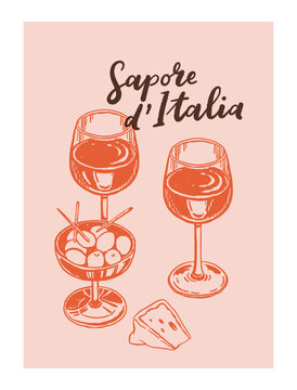 Summer Italy la dolce vita vintage posters. Amalfi or Sicily of postage stamps of Italian Mediterranean with wine and cheese. Retro frame border. Vector illustration ink doodle sketch style