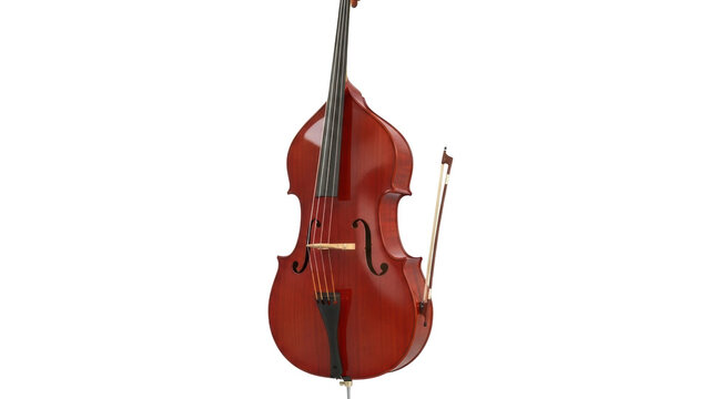 Isolated upright bass standing, with bow near it, representing music instrument and orchestral sound