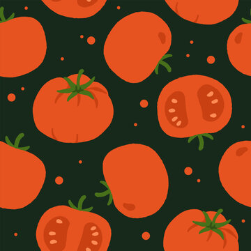 Seamless Pattern of red and yellow tomatoes. Healthy vegetables vector texture. Vegan, farm, organic, detox. Hand drawn illustration in trendy simple style