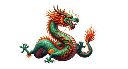 Fototapeta premium A vibrant green and orange Chinese dragon with intricate details rests majestically against a black background.