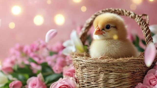 A fluffy yellow baby chick sits inside a woven wicker basket surrounded by soft pink roses. Falling petals and warm bokeh lights create a whimsical, celebratory spring atmosphere.