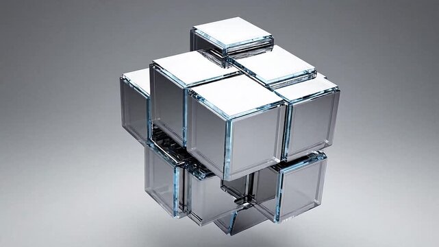Futuristic glass cube structure with metallic frames, abstract 3d geometric blocks assembly, sleek chrome and crystal cubes for technology background