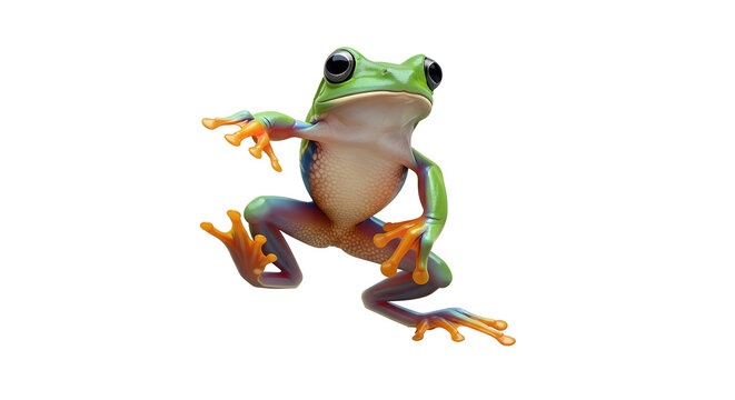 An agile green tree frog with large eyes and vibrant orange toes is captured mid-leap against a dark, contrasting background.
