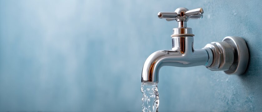 Water tap with flowing water on a blue background for advertising purposes, captured with a high-quality camera and detailed settings
