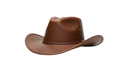 A classic brown leather cowboy hat with a distinctive wide brim and traditional detailing, elegantly displayed as a fashion accessory on a solid black background.