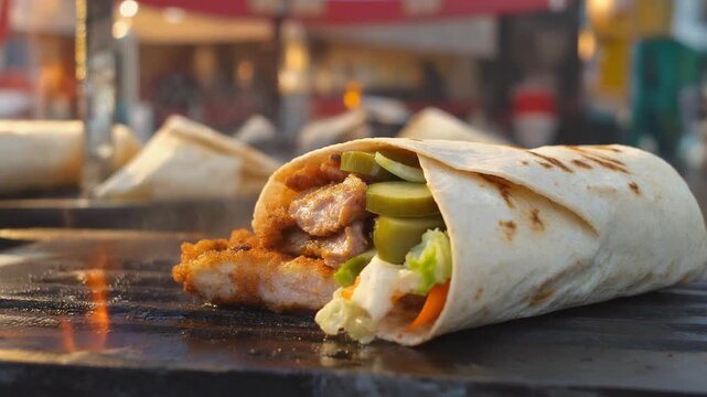 Chicken shawarma on a grill.