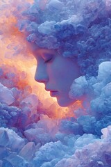 花柄の粘土製の頭飾りをつけたシュールな女性